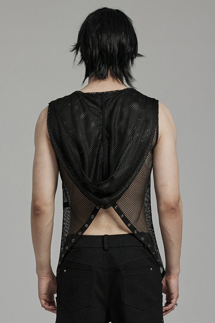 Black Sleeveless Irregular Hooded Mesh Eyelet Men's Punk Vest - Product - 3