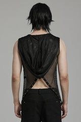 Black Sleeveless Irregular Hooded Mesh Eyelet Men's Punk Vest - Product - 3