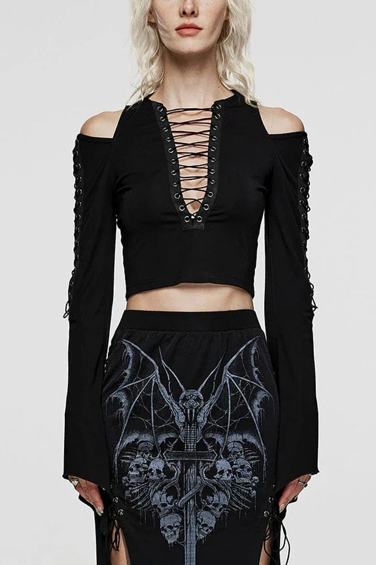 Black V Collar Off Shoulder Long Sleeves Hollow Tie Rope Womens Steampunk T-Shirt - Black - 1