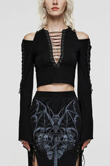 Black V Collar Off Shoulder Long Sleeves Hollow Tie Rope Womens Steampunk T-Shirt - Black - 1