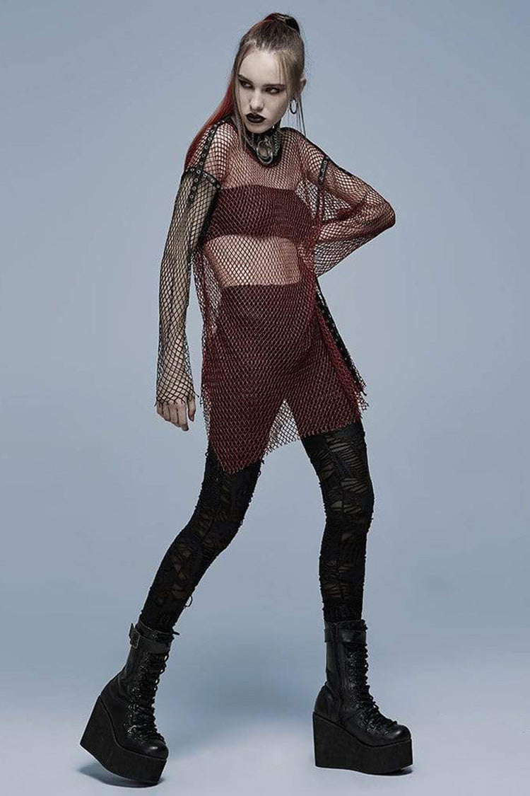 Red Punk Daily Comfortable Perspective Mesh Design No Elasticity Asymmetrical Hem Metal Grommets On Shoulders Long Womens Shirt - Product - 2