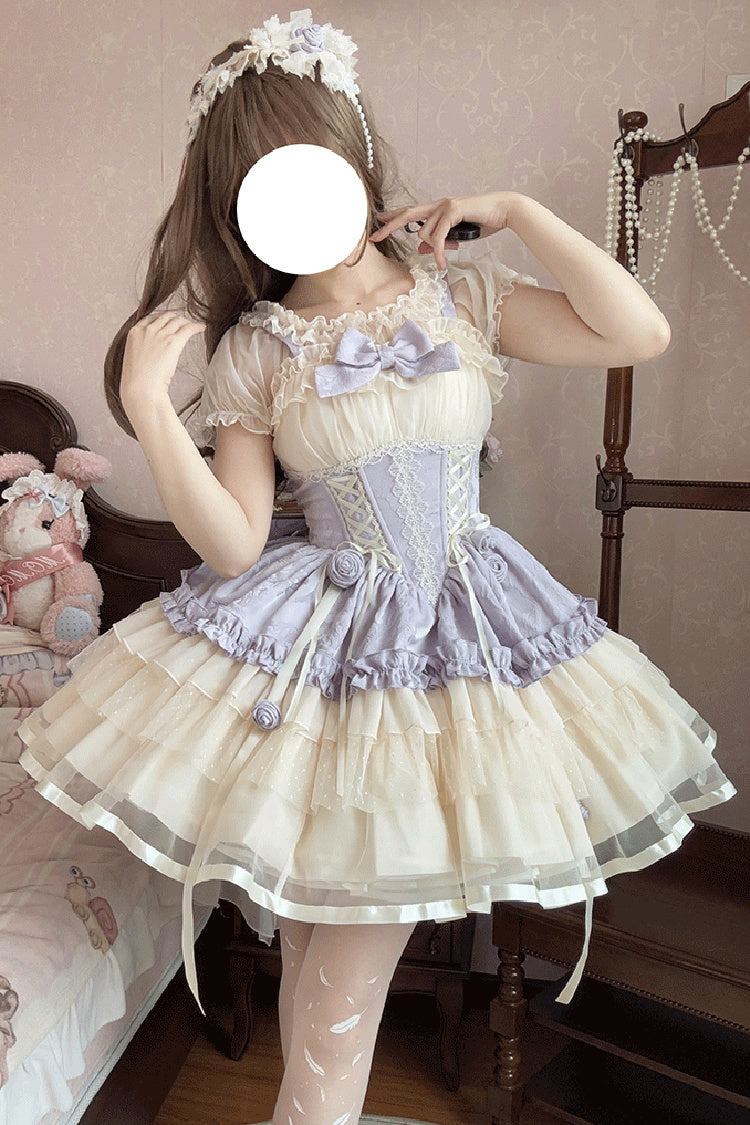 Purple/Ivory Dance of Time Triple-Layered Ballet Style Bowknot Lace-Up Sweet Lolita Jsk Dress - Product - 5