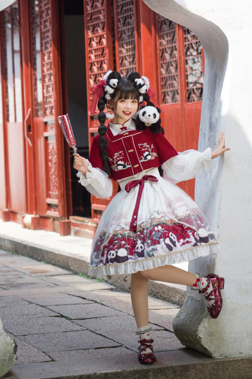 Red/White Chinese Style Lantern Sleeves Panda Print Sweet Lolita OP Dress - Product - 3