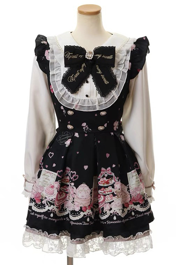 [Afternoon Tea] Long Sleeves Print Ruffle Bowknot Lace Sweet Jirai Kei Plus Size Dress 3 Colors - Black - 4