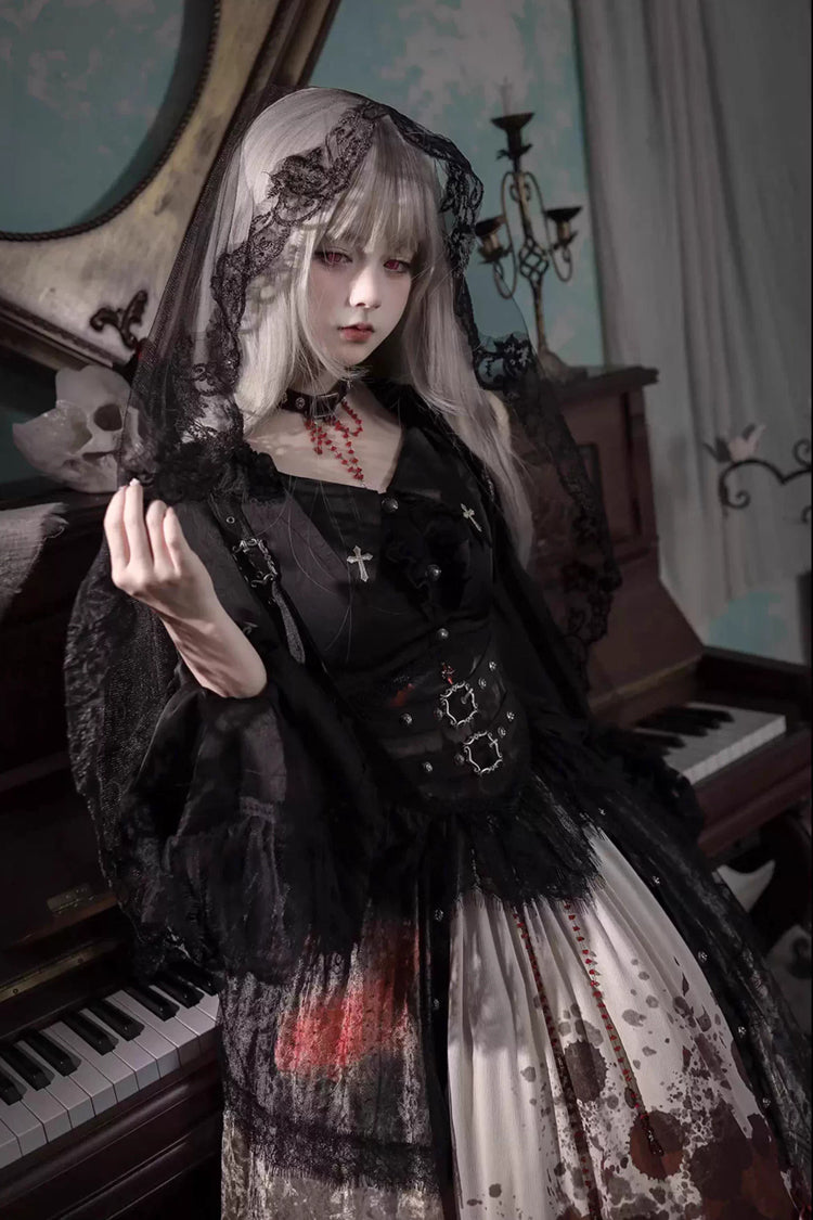 [Heretical Nun] Sleeveless Multi-Layered Printed Ruffled Open-Front Gothic Plus Size Lolita Strap Dress Long Version 2 Colors - Product - 9