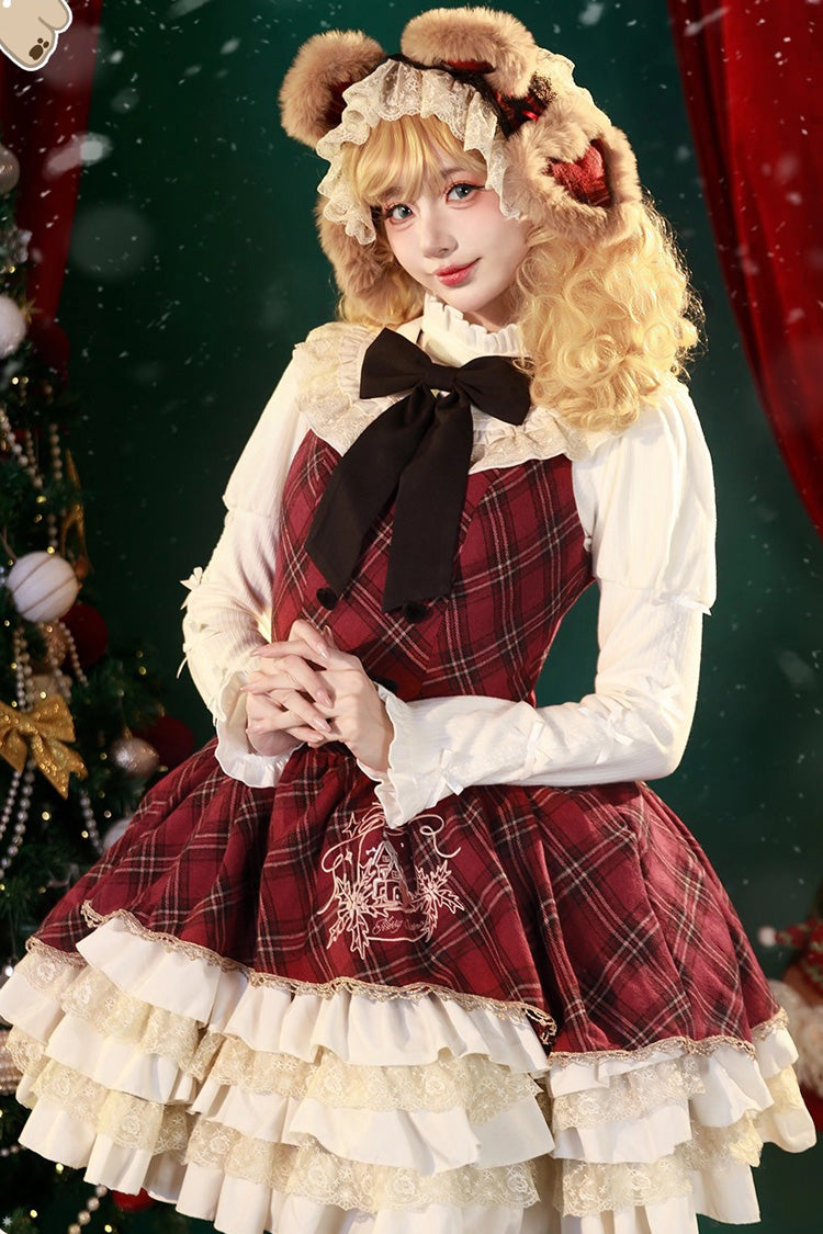 Red Chestnut Bear Cocoa Multi-Layered Christmas Plaid Print Ruffle Bowknot Sweet Cloak (Set) detail view 6