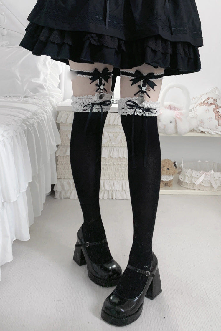 Sweet Ruffle Bowknot Lace Ballet Lolita Over-the-knee Socks 6 Colors - Black/White - 5