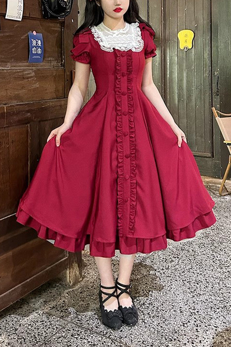 Wine Red Annie's Gift Short Sleeves Bowknot Sweet Lolita Dress (Plus Size Support) - Wine Red - 1