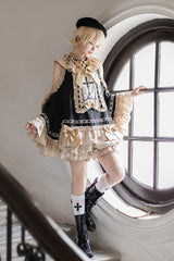 Black/Gold [Saint Child of the Cross] Round Collar Off Shoulder Long Trumpet Sleeves Ruffled Bow Gothic College Style Ouji Lolita Set - Product - 10