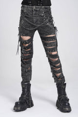 Black Ripped Rivet Men's Punk Pants with Chain - Black - 1
