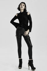 Black High Collar Long Trumpet Sleeves Hollow Lace-Up Women's Gothic T-Shirt - Product - 4