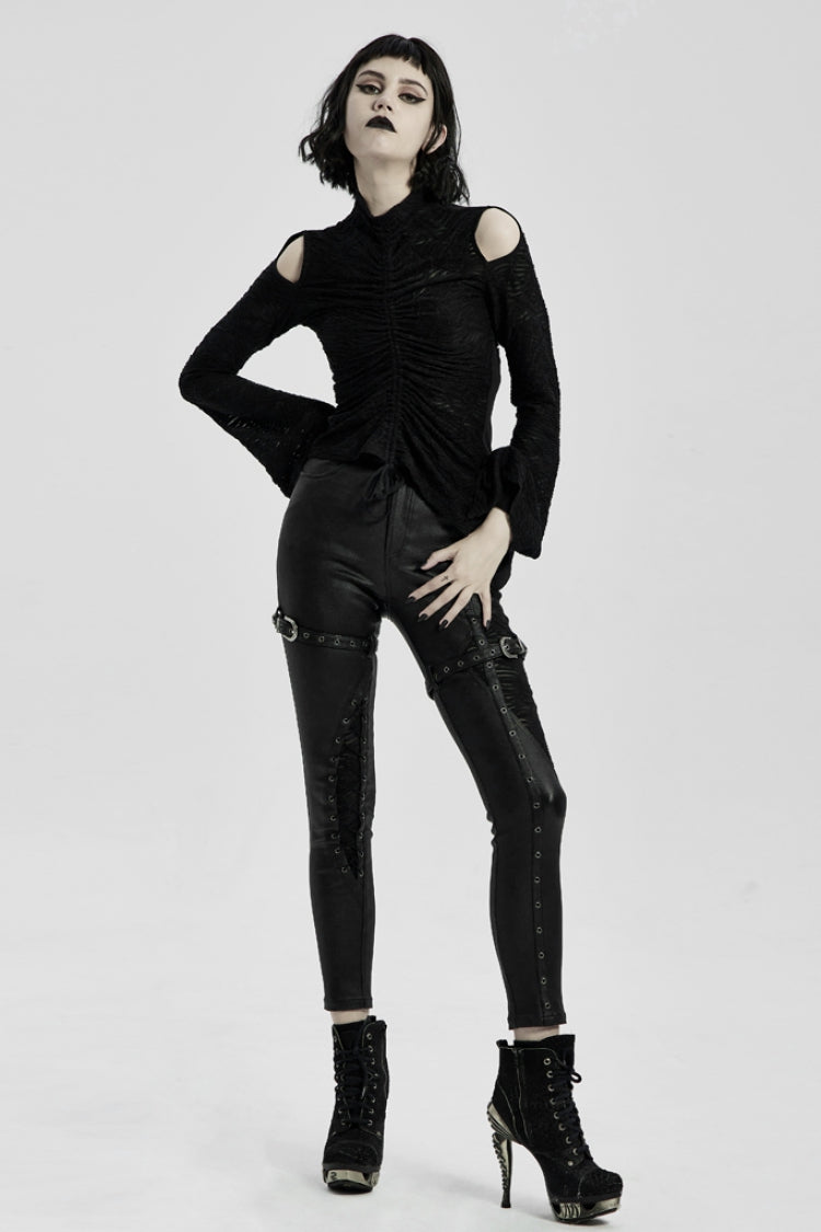 Black High Collar Long Trumpet Sleeves Hollow Lace-Up Women's Gothic T-Shirt - Product - 4