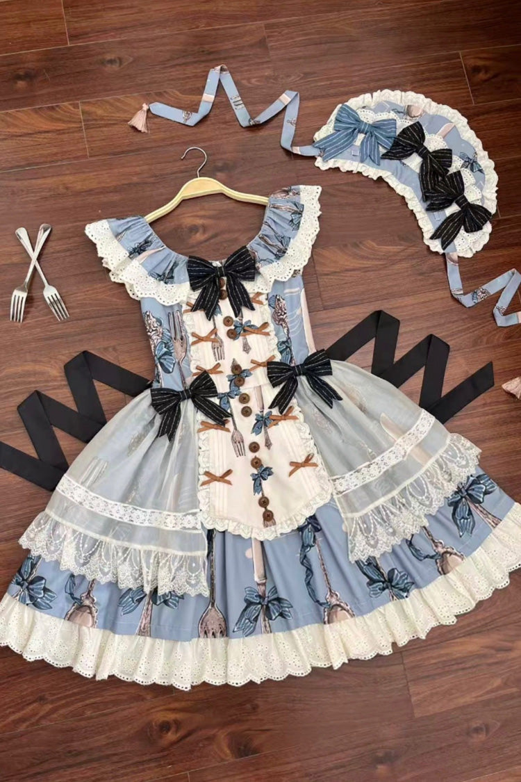 Blue [The Witch’s Banquet] Sleeveless Printed Ruffled Embroidered Bow Lace Sweet Lolita Jsk Dress - Product - 7