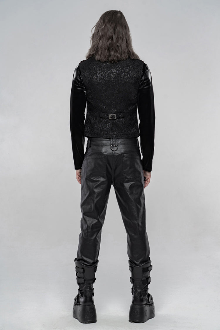 Black Jacquard Velvet Splice Weft Stand Up Collar Front Chest Breasted Decoration Men's Gothic Vest - Product - 3