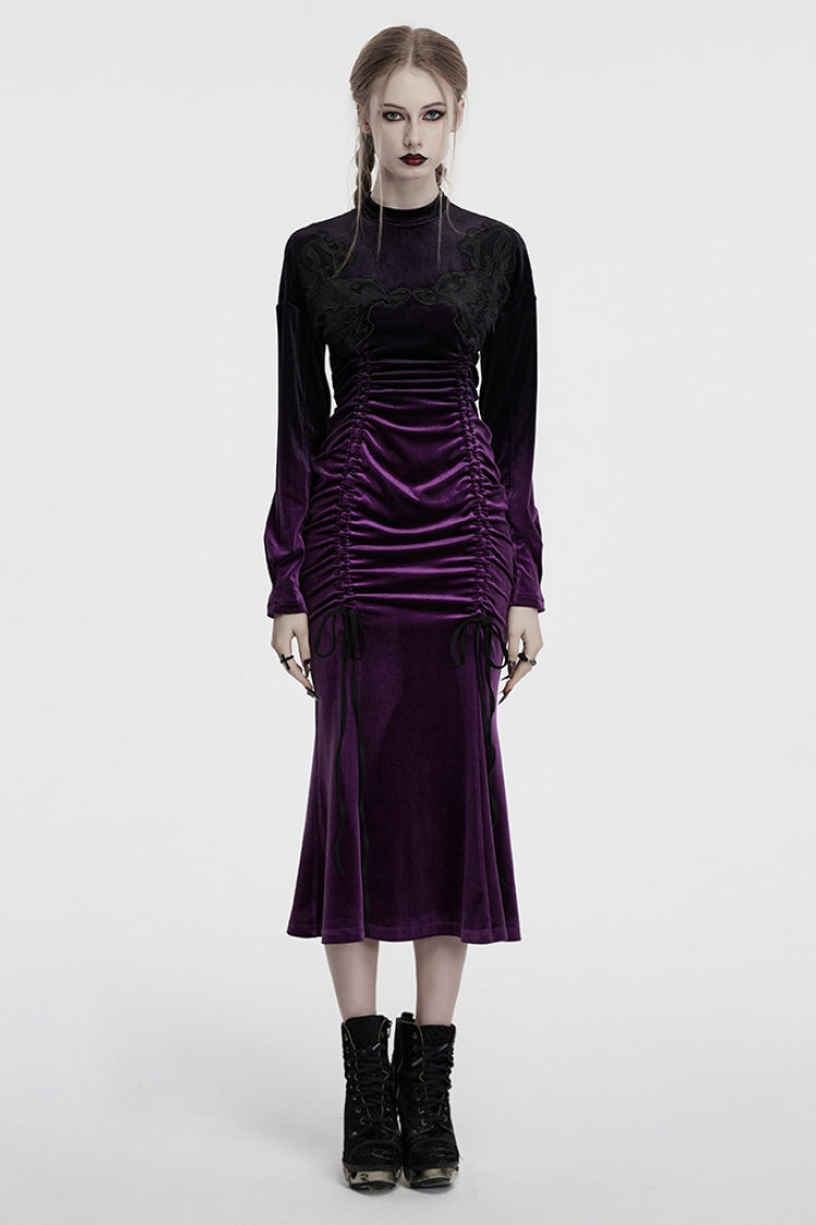 Black/Purple Drawstring Long Sleeves Gradient Women's Gothic Dress - Black/Purple - 1