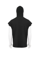 Black Skull Print Super High Neck Masked Rivet Hole Hooded Short Sleeve Men's Punk T-Shirt - Product - 9