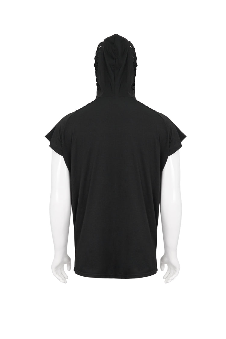 Black Skull Print Super High Neck Masked Rivet Hole Hooded Short Sleeve Men's Punk T-Shirt - Product - 9