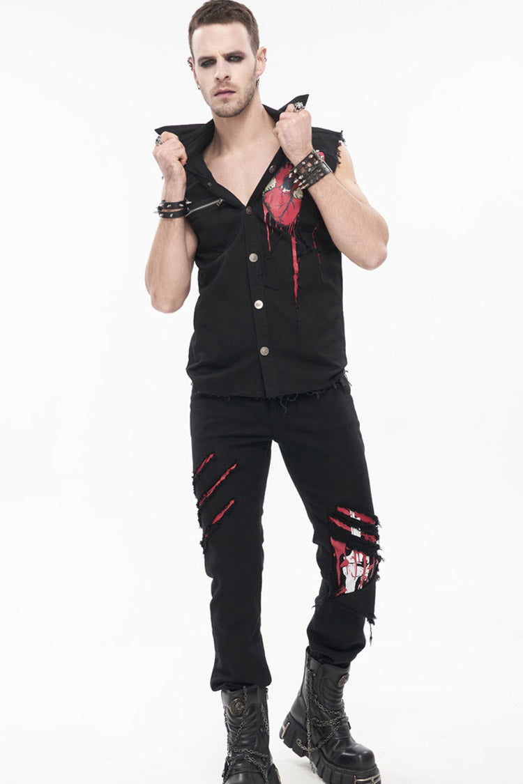 Black Punk Twill Ripped Leg-Bone Bleed Print Men's Pants - Product - 5