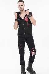 Black Punk Twill Ripped Leg-Bone Bleed Print Men's Pants - Product - 5