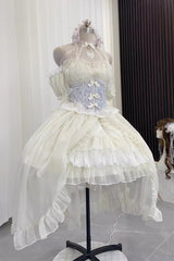 Ballet Twins Ruffle Bowknot Short Front Long Back Sweet Lolita Dress 2 Colors - Ivory/Blue - 3