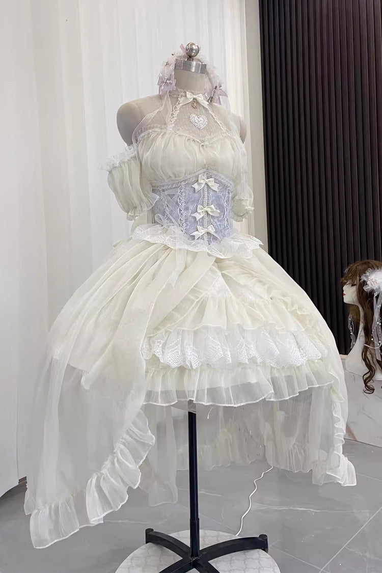 Ballet Twins Ruffle Bowknot Short Front Long Back Sweet Lolita Dress 2 Colors - Ivory/Blue - 3