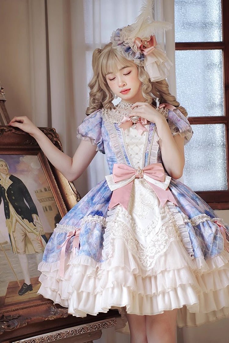 [Angel Heart Sky Oil Painting] Print Ruffle Cardigan Bowknot Sweet Princess Lolita Dress 3 Colors - Product - 8