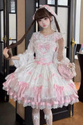 Pink/White Scarlet Heart Cocoa Sleeveless Triple-Layered Ruffle Embroidery Bowknot Lace Sweet (Dress Only) front view