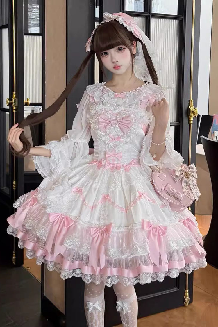 Pink/White Scarlet Heart Cocoa Sleeveless Triple-Layered Ruffle Embroidery Bowknot Lace Sweet (Dress Only) front view