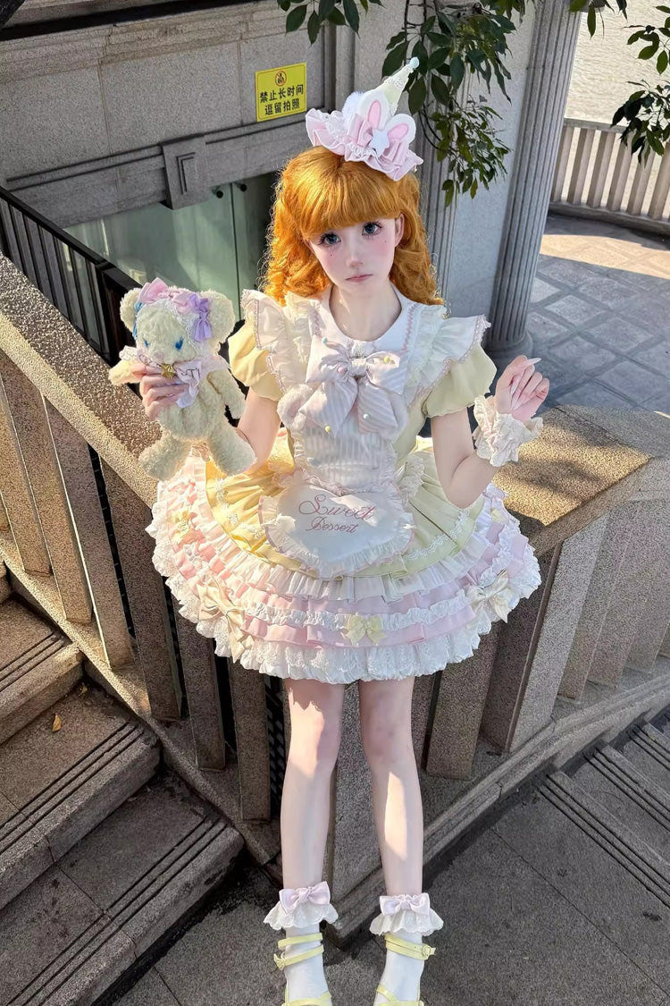 Yellow/Pink [Sweet Bunny Chef] Short Sleeves Multi-Layered Ruffle Bowknot Sweet Lolita Dress - Product - 8