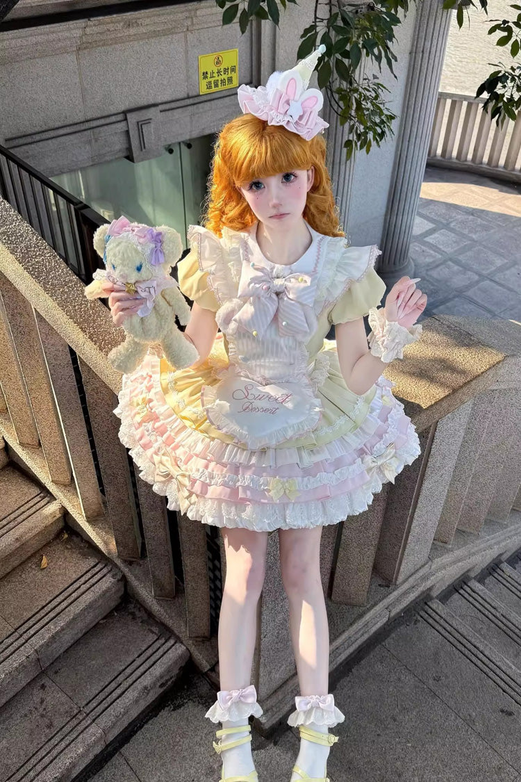 Yellow/Pink Sweet Bunny Chef Short Sleeves Multi-Layered Ruffle Bowknot Sweet (Set) detail view 8