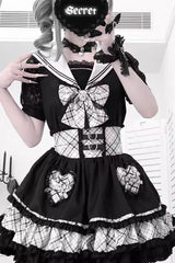 Black/White Navy Collar Short Sleeves Printed Ruffled Bow Jirai Kei Japanese Skirt and Blouse Set - Product - 3