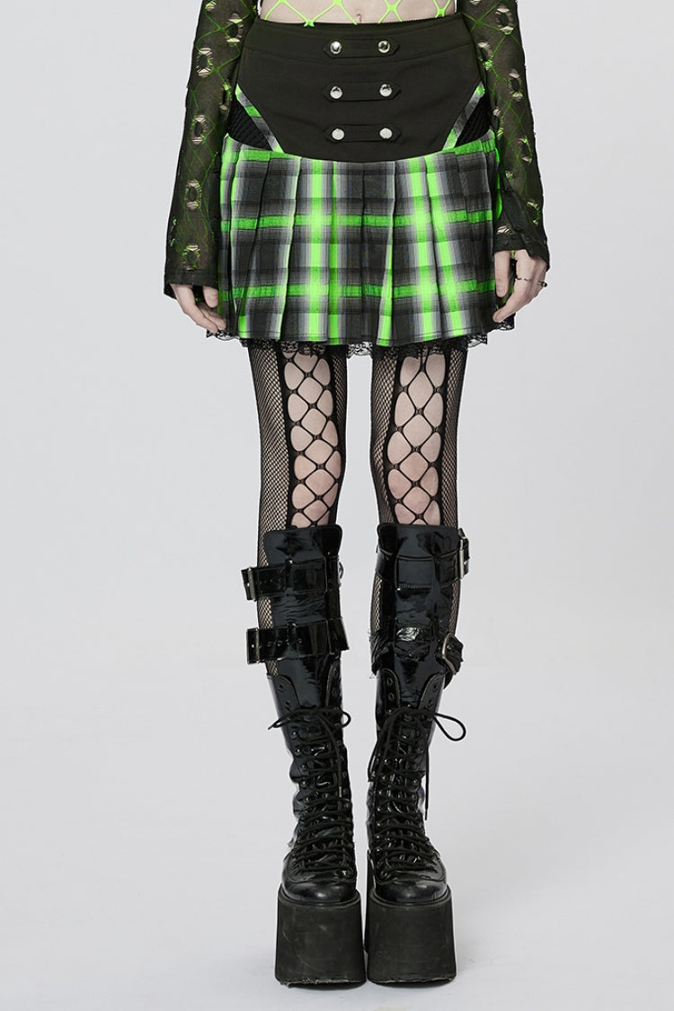 Black/Green Double Breasted Print Ruffle Lace Women's Steampunk Pleated Skirt - Black/Green - 1