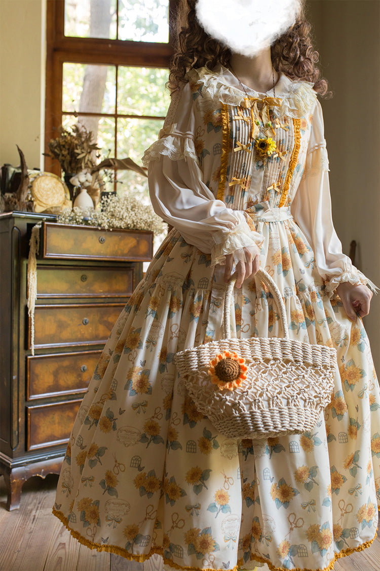 Apricot [Gardening Sunflower] Sleeveless Print Ruffle Bowknot Sweet Elegant Lolita Jsk Dress - Product - 2