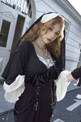 Black [Halloween Night Temple Nun] Short Sleeves Print Ruffle Gothic Elegant Lolita Dress - Product - 9