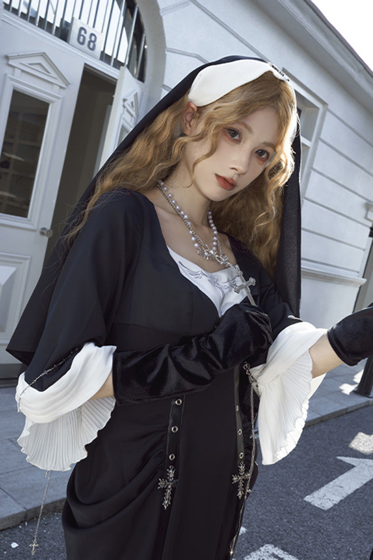 Black [Halloween Night Temple Nun] Short Sleeves Print Ruffle Gothic Elegant Lolita Dress - Product - 9