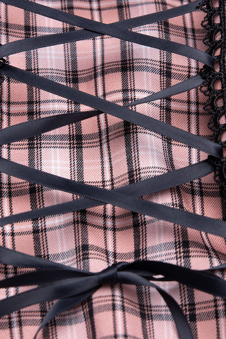 Plaid Print High Waisted Women's Punk Strap Dress 2 Colors - Product - 14