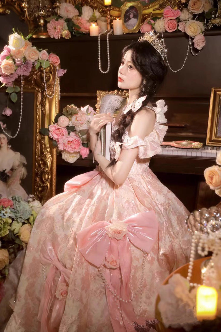 Off Shoulder Print Hanayome Embroidery Bowknot Sweet Princess Lolita Dress 2 Colors - Product - 5