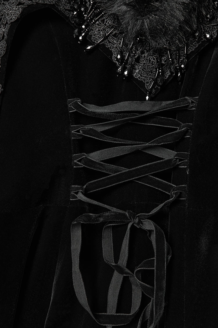 Black Stand Collar Embroidered Lace-Up Women's Gothic Coat - Product - 8