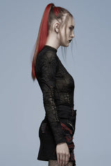 Black Long Sleeves Spider Web Print Hollow Mesh Women's Punk T-Shirt - Product - 2