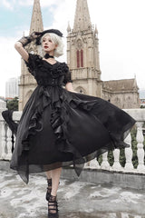 Black V-Neck Lace Cla Daily Short Puff Sleeves Gothic Lolita Dress - Product - 2