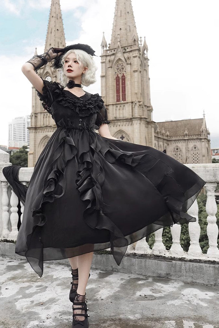 Black V-Neck Lace Cla Daily Short Puff Sleeves Gothic Lolita Dress - Product - 2