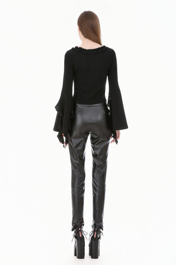 Black Cross Ruffled V Collar Irregular Split Long Trumpet Sleeves Women's Gothic Crop Top with Streamer - Product - 11