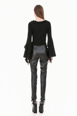 Black Cross Ruffled V Collar Irregular Split Long Trumpet Sleeves Women's Gothic Crop Top with Streamer - Product - 11