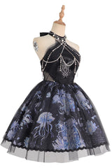 Blue [Deep Sea Jellyfish] Halterneck Sleeveless Print Embroidery Bowknot Lace Sweet Elegant Lolita Jsk Dress - Product - 3