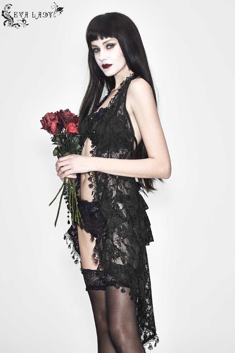Black Frilly Tassel Hem Halter Lace Women's Gothic T-Shirt - Product - 3