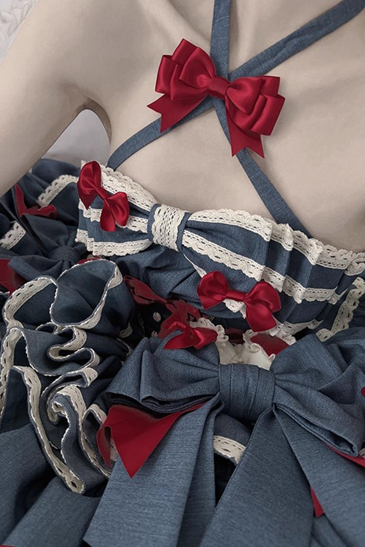 Blue [Milk Rabbit Theater] Halterneck Sleeveless Triple-Layered Ruffle Bowknot Lace-Up Sweet Lolita Jsk Dress - Product - 14