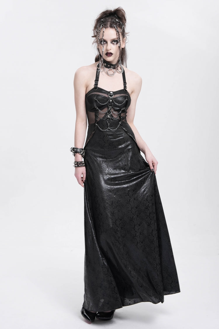 Black Halterneck Stitching Mesh Chained Women's Punk Dress - Product - 7