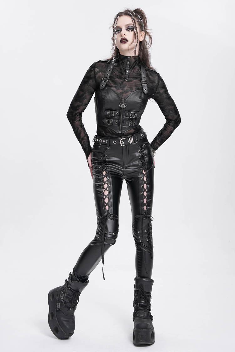 Black Halterneck Buckle Women's Punk Overbust Corset - Product - 11