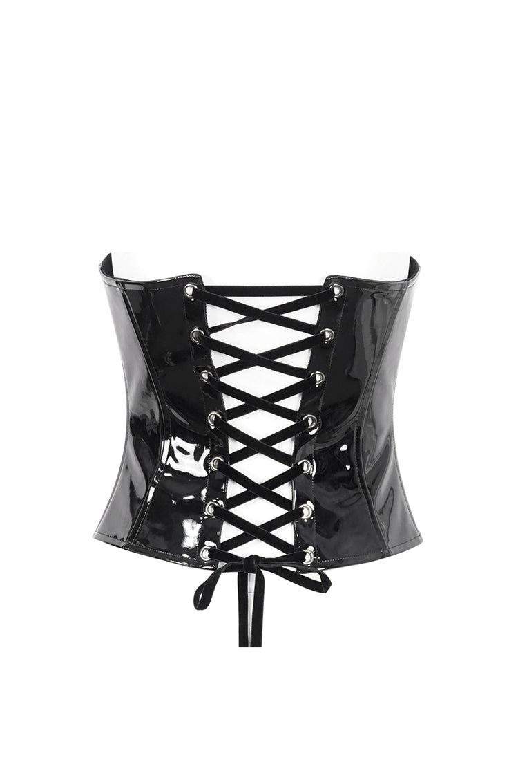 Black Lace Splice Patent Leather Women's Punk Overbust Corset - Product - 9