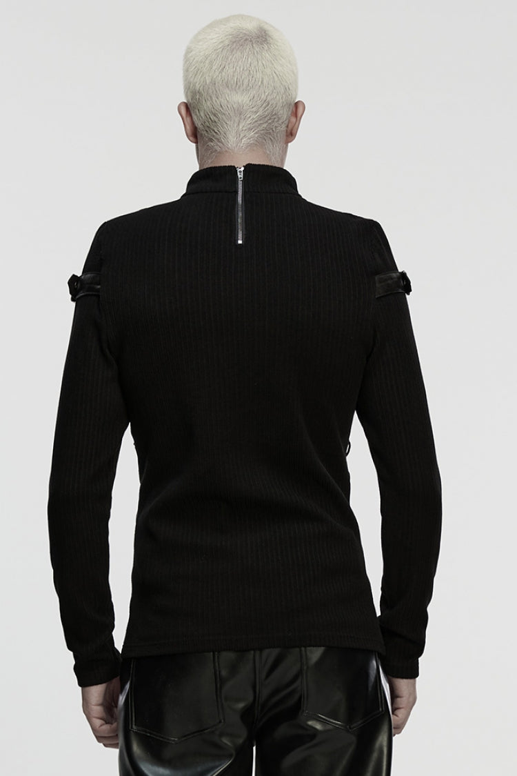 Black Stand Collar Long Sleeves Spliced Buckled Strappy Men's Punk Top - Product - 3